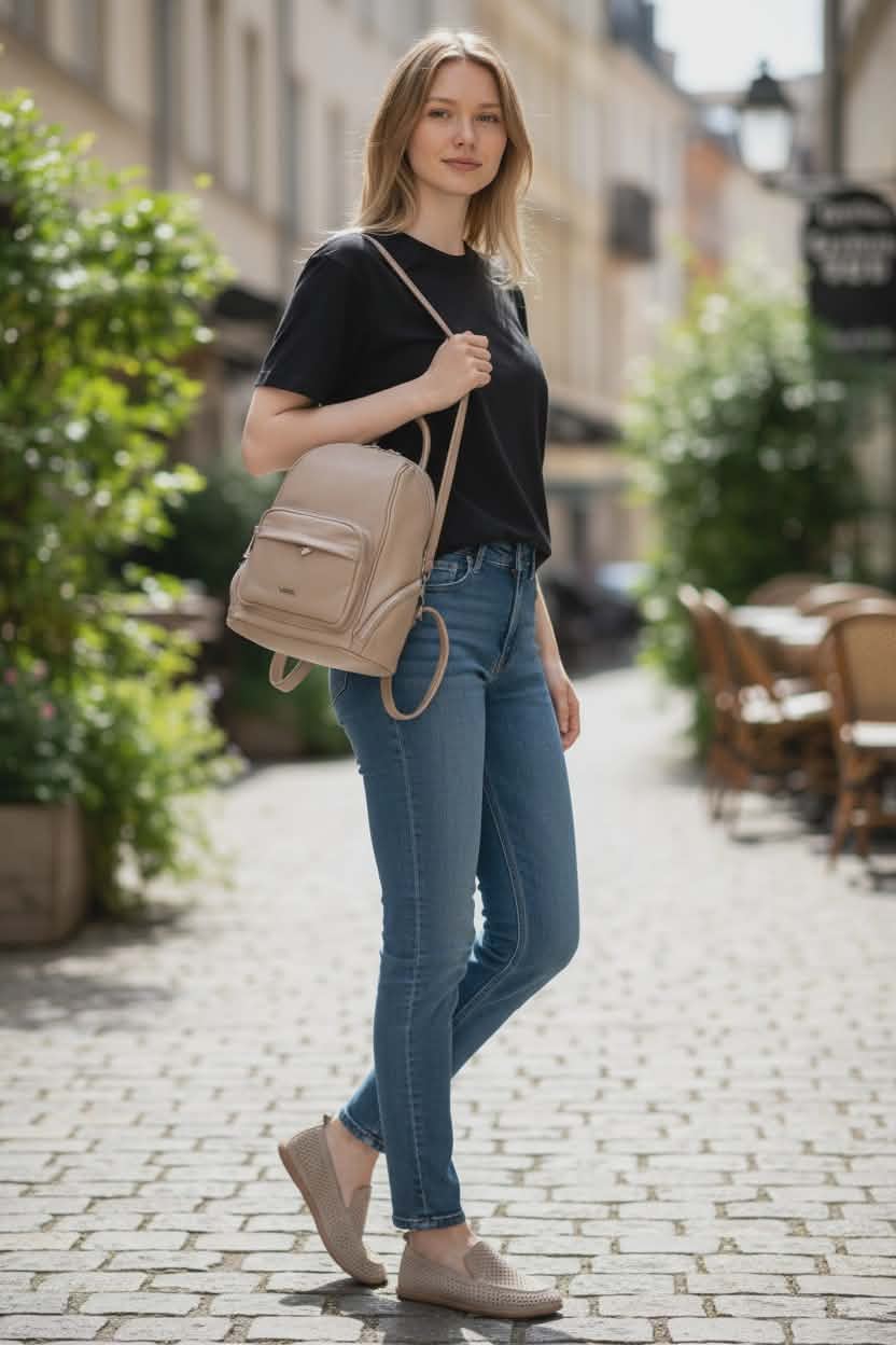 Odinė kuprinė Vezze- smėlio spalva.