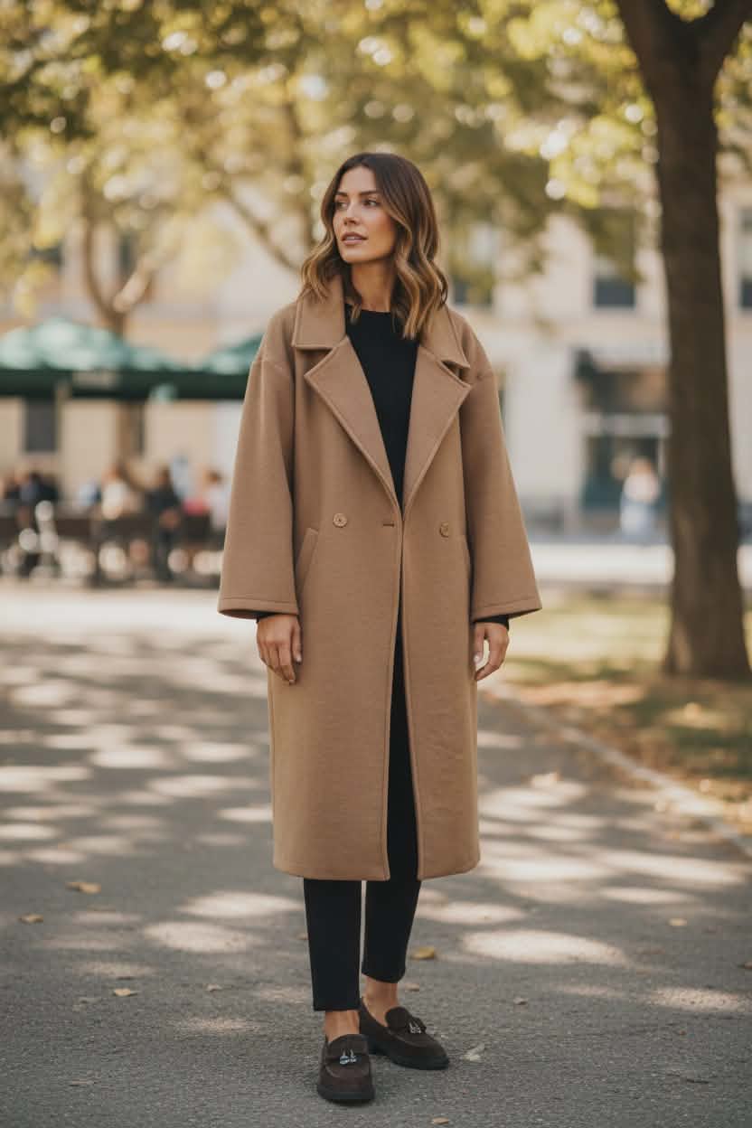 Pavasario camel paltas VIVIA89 - Gelsvas, pagamintas iš vilnos audinio.