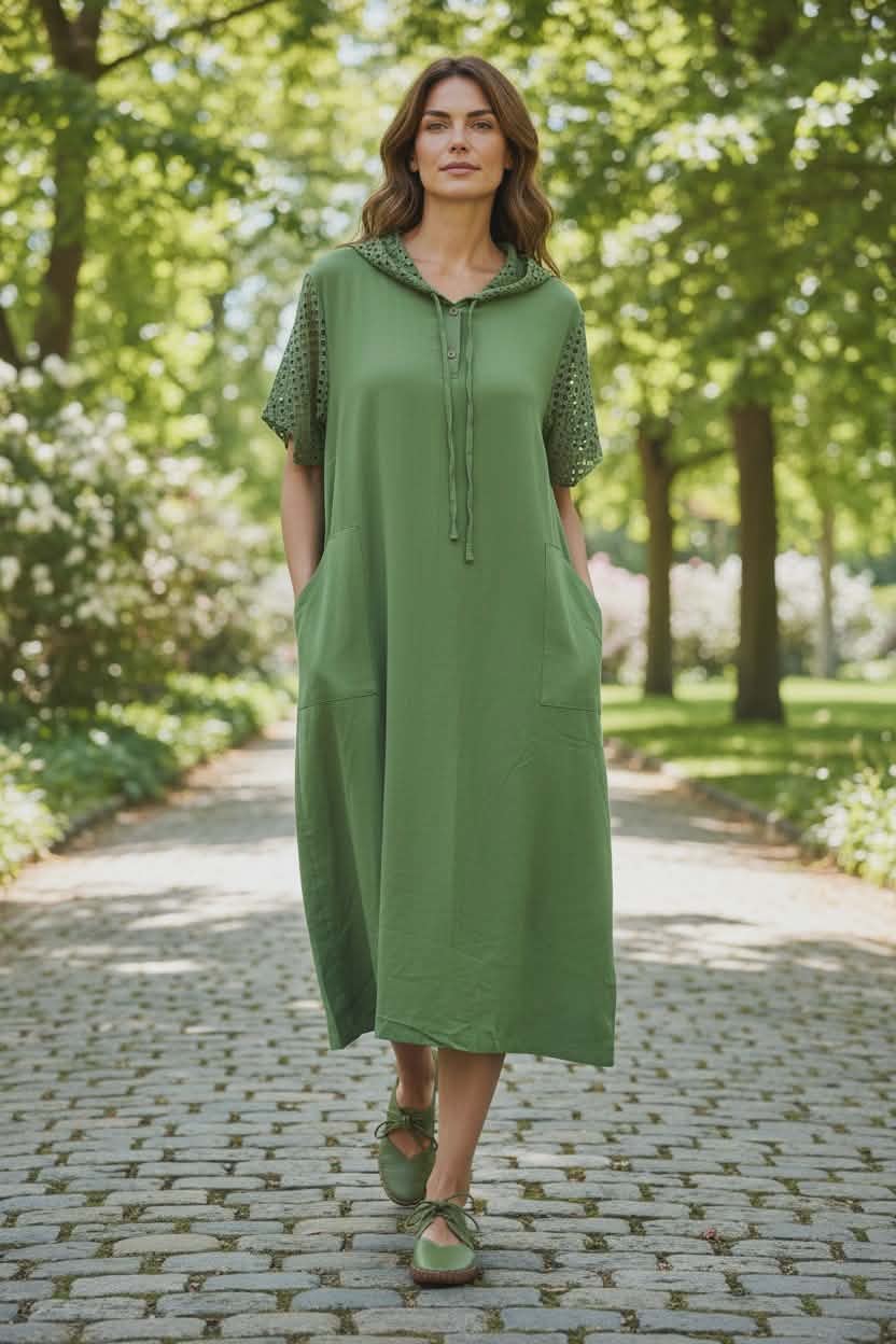 LINO suknelė, su nertu kapišonu ir rankovėmis, Eternal Flame.